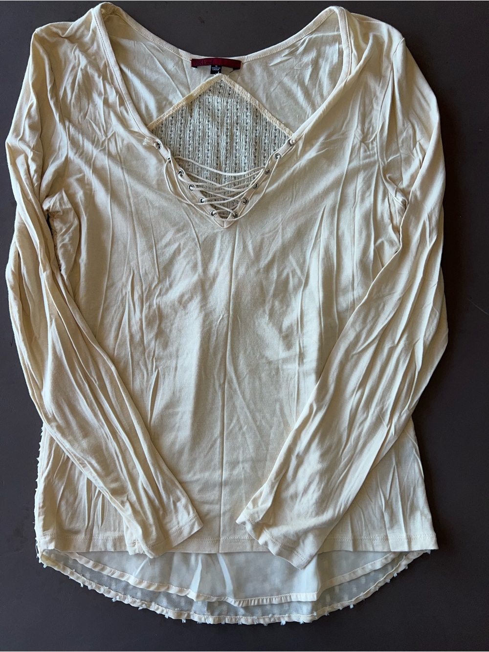 Lace-Up V-Neck Long Sleeve Top - Cream
